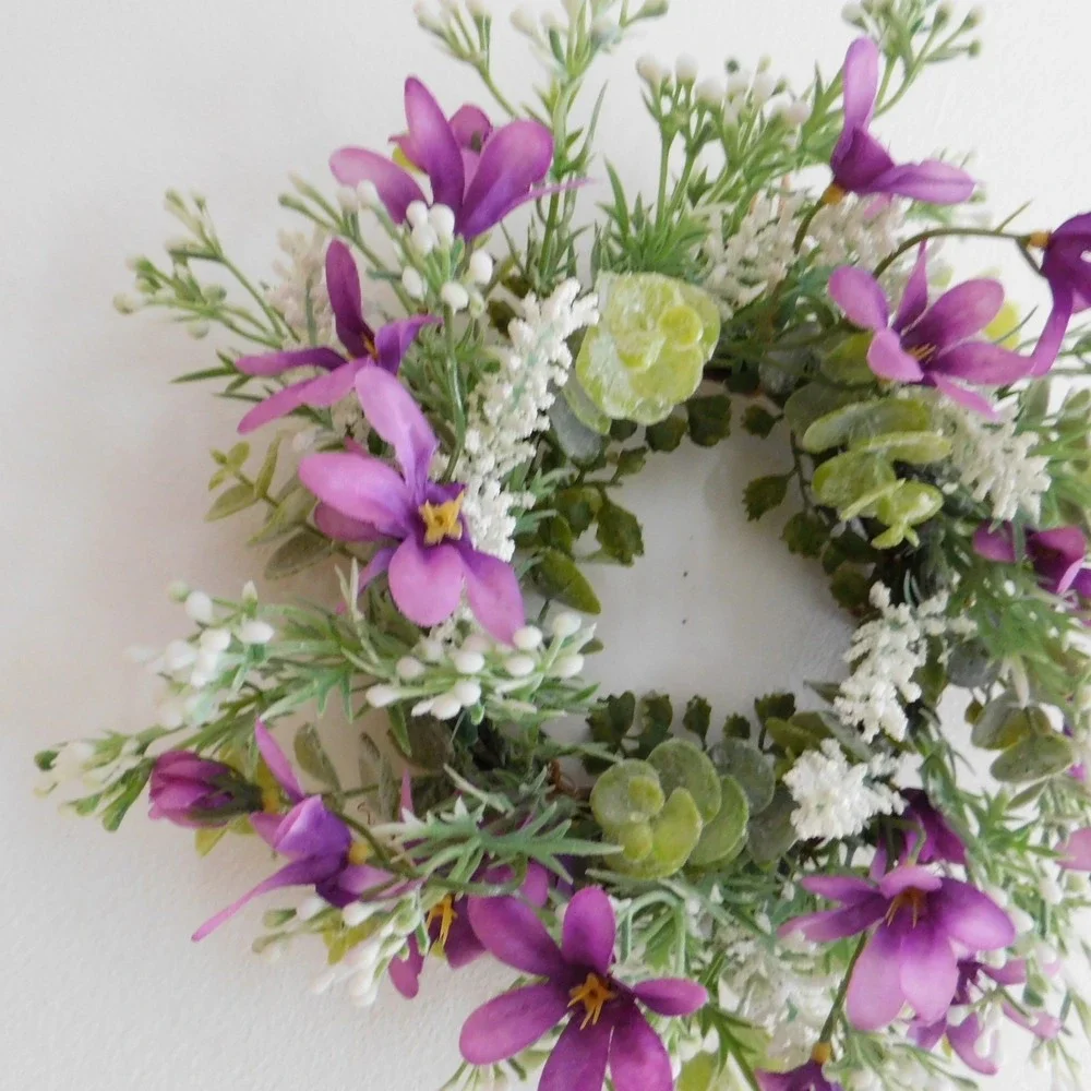 Dusty Miller Mini Wreath Eucalyptus Purple Flowers Candle Ring‎